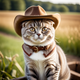 scottish fold cat as a cowboy wearing a hat, in the midwest countryside, on a farm.