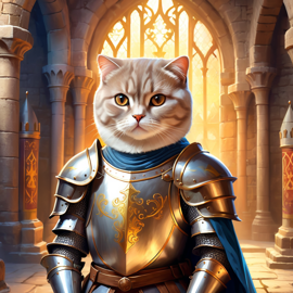 scottish fold cat as a medieval knight in a majestic castle, ethereal and painterly style.