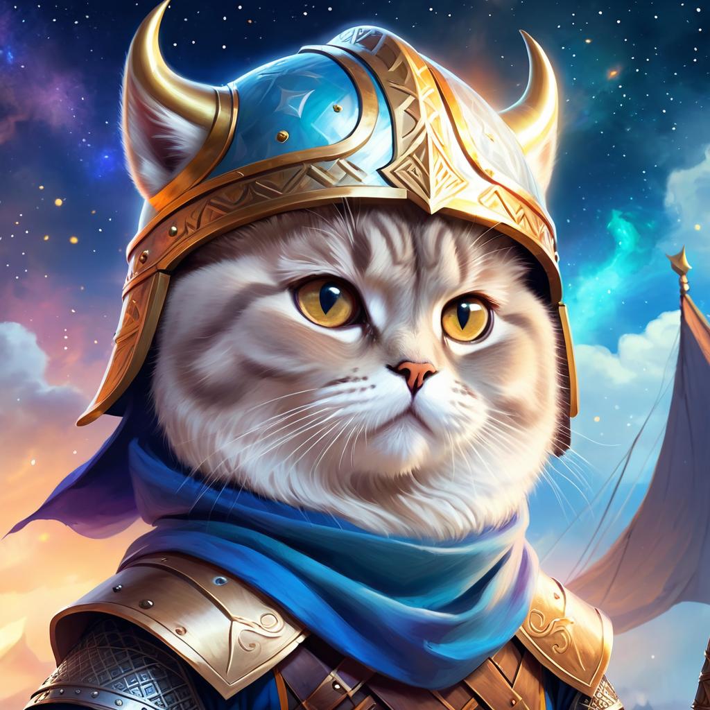 scottish fold cat as a viking, wearing traditional armor and helmet, in a magical viking environment.