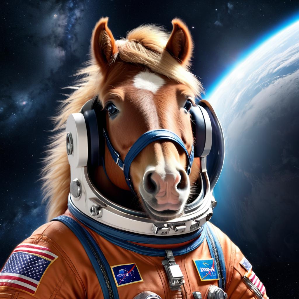 shetland pony horse as astronaut in space, wearing spacesuit, highly detailed and lifelike.