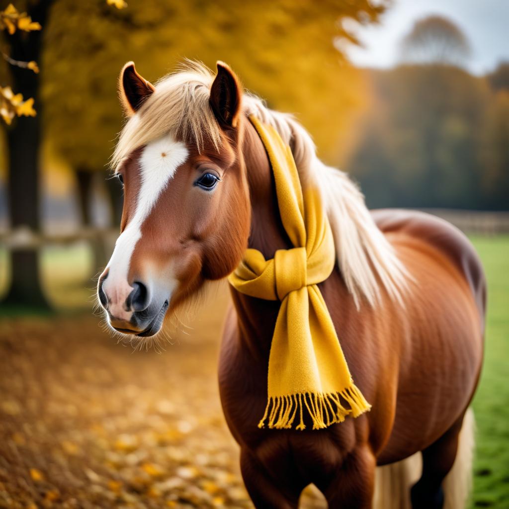 cinematic autumn scene of shetland pony horse in a yellow scarf, highly detailed and beautiful.