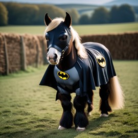 shetland pony horse as batman, wearing batman suit and mask, highly detailed and vibrant.