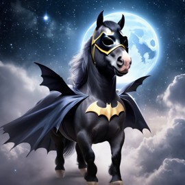 shetland pony horse as batman, ethereal and majestic, wearing batman suit and mask.