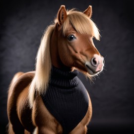 shetland pony horse in a black turtleneck, against a diffused background, looking cute and elegant.