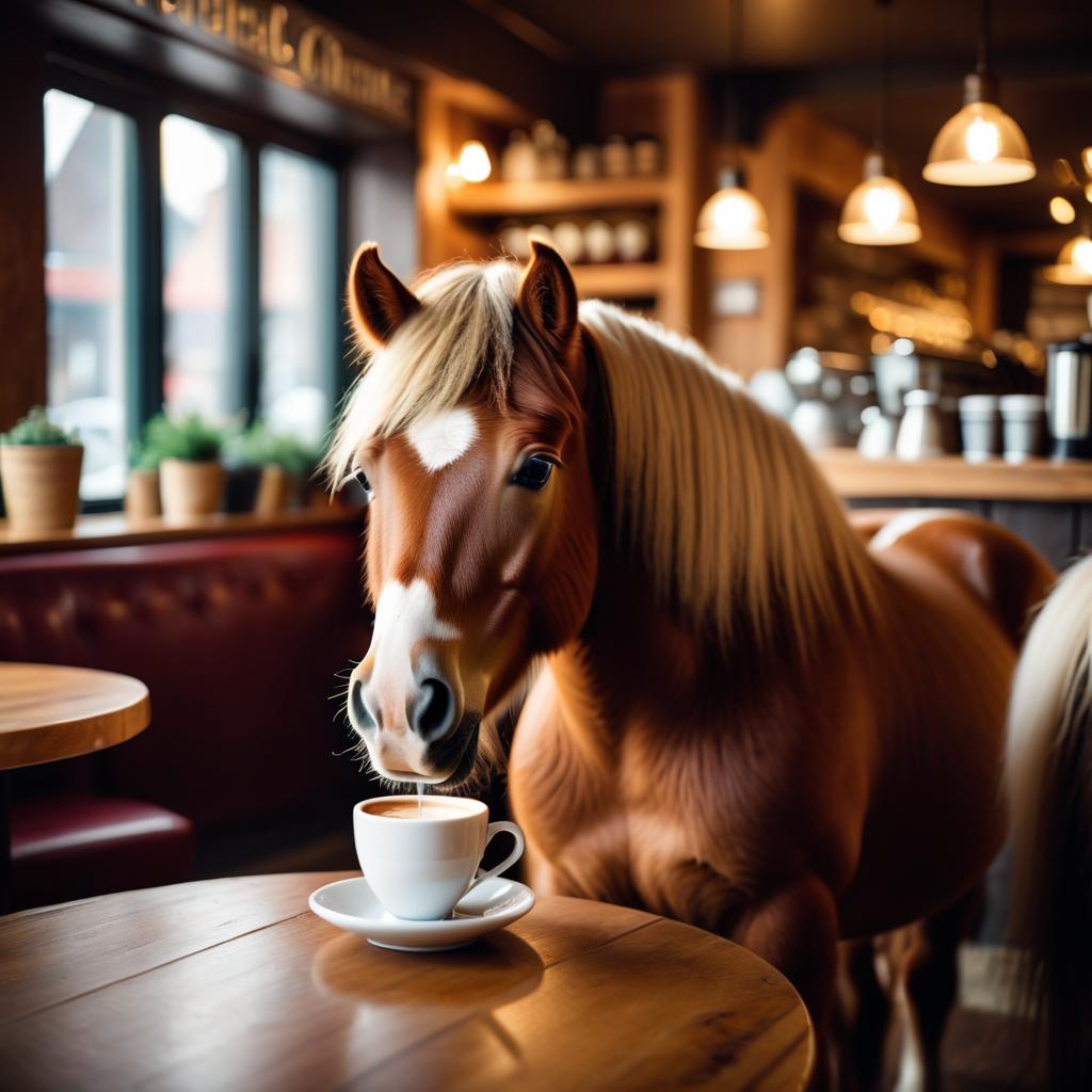 shetland pony horse sitting in a cozy coffee shop with a cup of coffee, detailed and vibrant.