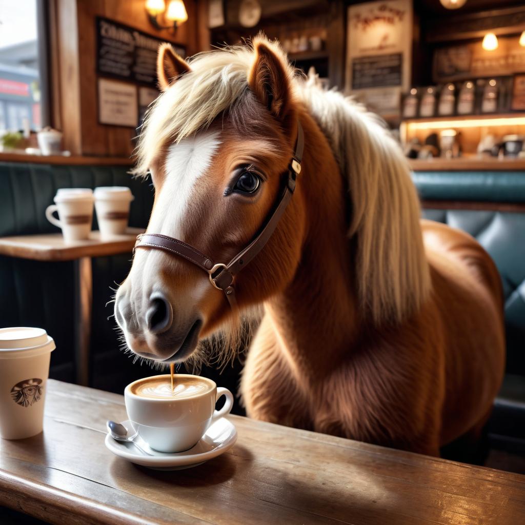 shetland pony horse sitting in a cozy coffee shop, lifelike and detailed.