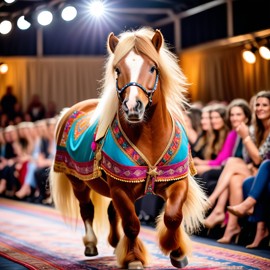 shetland pony horse strutting down the fashion show catwalk stage in a colorful bohemian outfit with flowing fabrics, high energy and joyful.