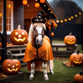 shetland pony horse in a halloween costume with pumpkins and eerie decorations, highlighting their festive spirit.