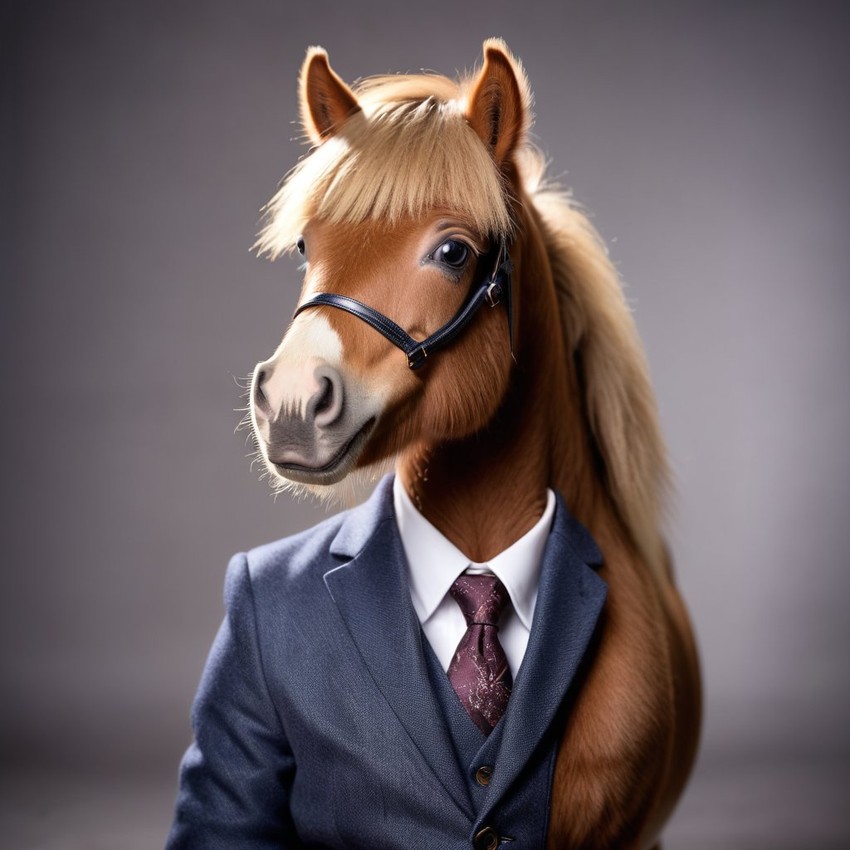 shetland pony horse in a stylish suit, posing against a diffused background, looking cute and professional.