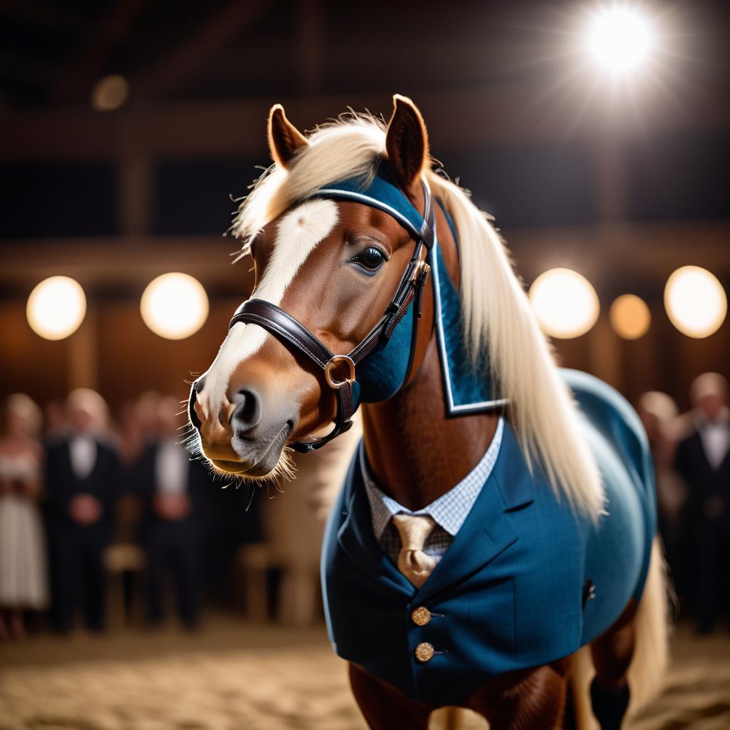 shetland pony horse in a classy suit on a fashion stage, showcasing elegance and charm in a highly detailed, epic scene.