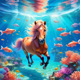 shetland pony horse swimming in a magical blue ocean with colorful fish and coral reef, capturing a dreamy and adventurous underwater scene.