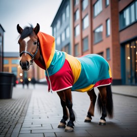 shetland pony horse in a colorful hoodie, set in a modern urban environment with a stylish and trendy vibe.