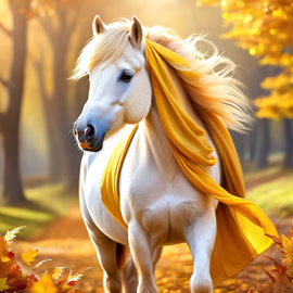 shetland pony horse in a yellow scarf, ethereal and magical style.