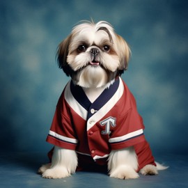 90s yearbook photo of shih tzu in old school clothing, full body, vintage background.