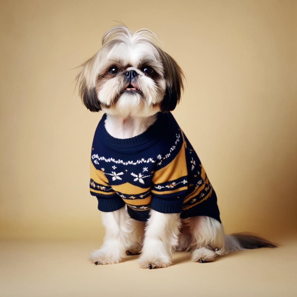 90s yearbook photo of shih tzu in a vintage sweater, full body, studio background.