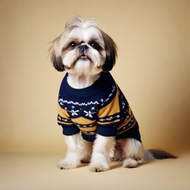 90s yearbook photo of shih tzu in a vintage sweater, full body, studio background.