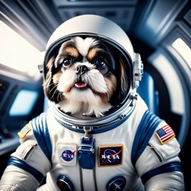 shih tzu as astronaut in space, wearing spacesuit, with spacestation background.