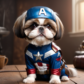 shih tzu as captain america from avengers, lifelike and highly detailed.