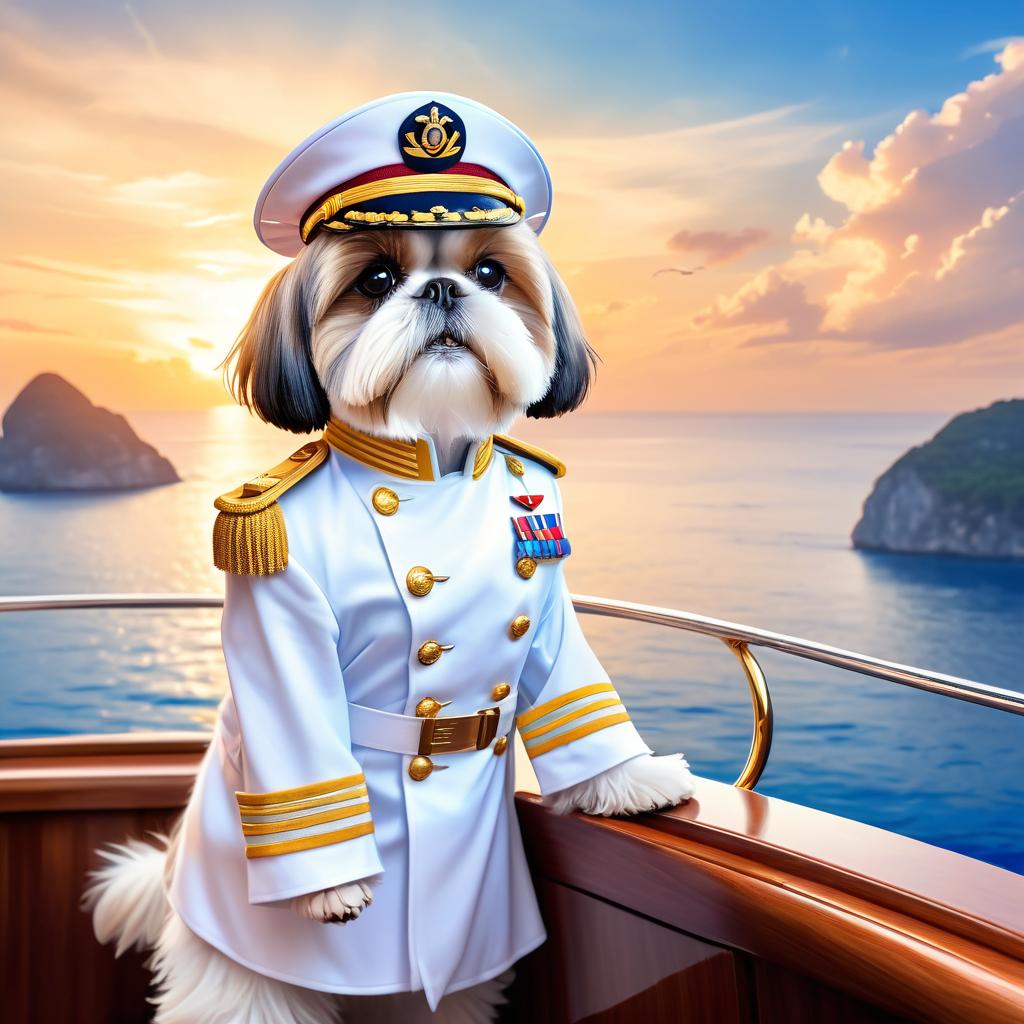 shih tzu as a captain on a luxury yacht, wearing captain uniform, ethereal and majestic.