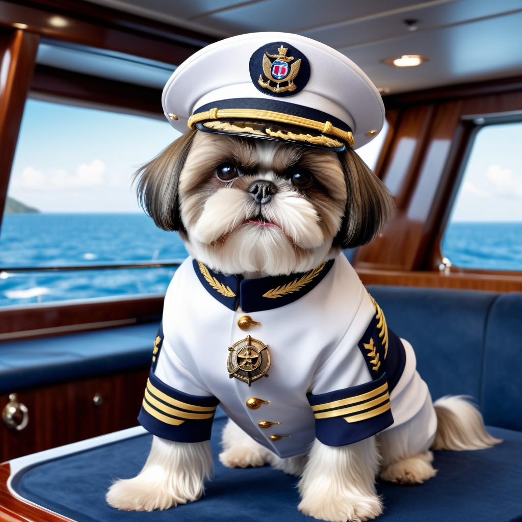 shih tzu as a captain on a luxury yacht, wearing captain uniform, highly detailed.