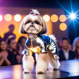 shih tzu strutting down the fashion show catwalk stage in a sleek metallic bodysuit with led accents, high energy and dramatic.