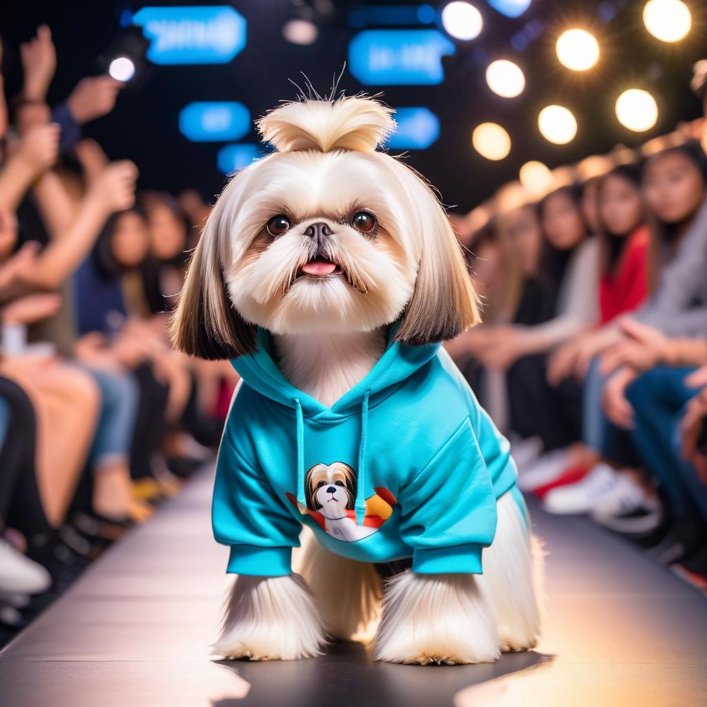 shih tzu strutting down the fashion show catwalk stage in trendy streetwear including a cool hoodie and sneakers, high energy and trendy.