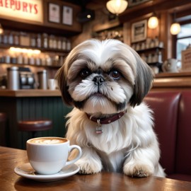 shih tzu sitting in a cozy coffee shop, lifelike and detailed.