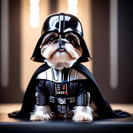 Shih Tzu dog wearing Darth Vader costume with helmet and chest piece, Star Wars pet cosplay portrait