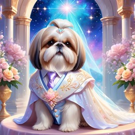 fantasy wedding art of shih tzu in a beautiful wedding suit, set in a dreamy, magical environment, looking cute and happy.