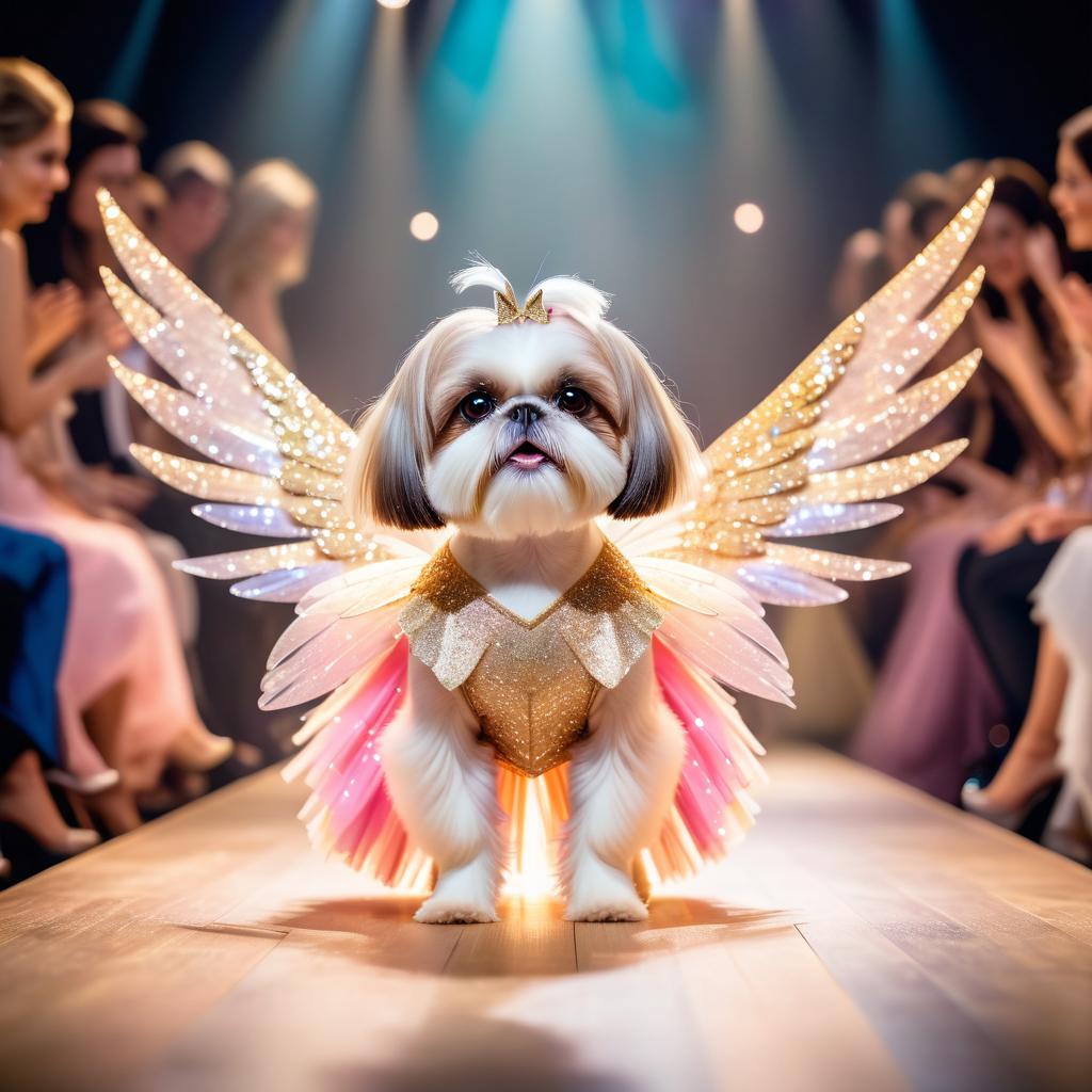 shih tzu strutting down the fashion show catwalk stage in a magical fairytale dress with glittering wings, high energy and magical.