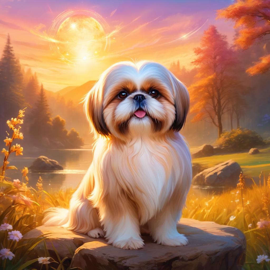 shih tzu during golden hour, with a celestial and magical atmosphere, capturing their beauty in a dreamy setting.