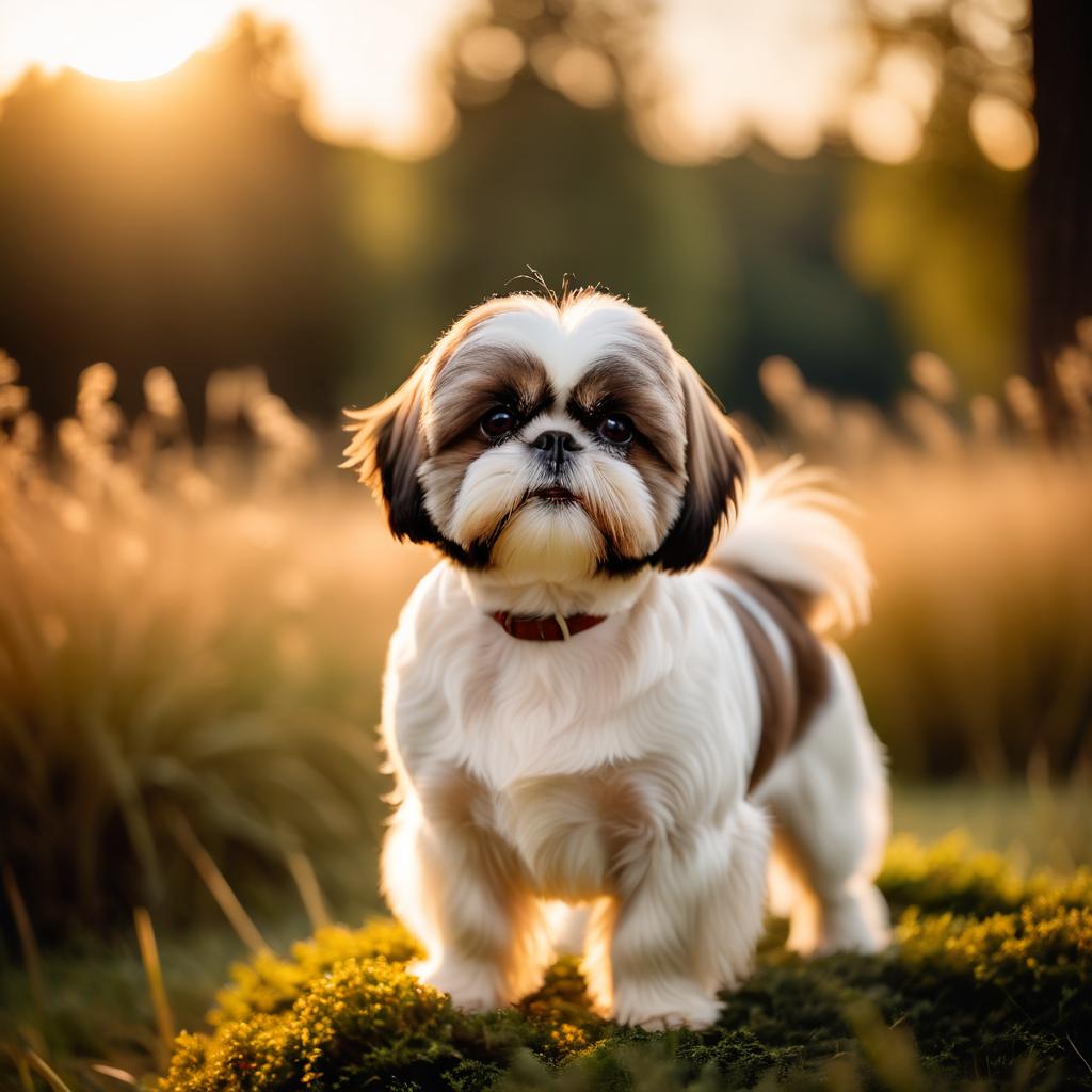 shih tzu in golden hour light, highlighting their beauty in nature with a moody and detailed atmosphere.