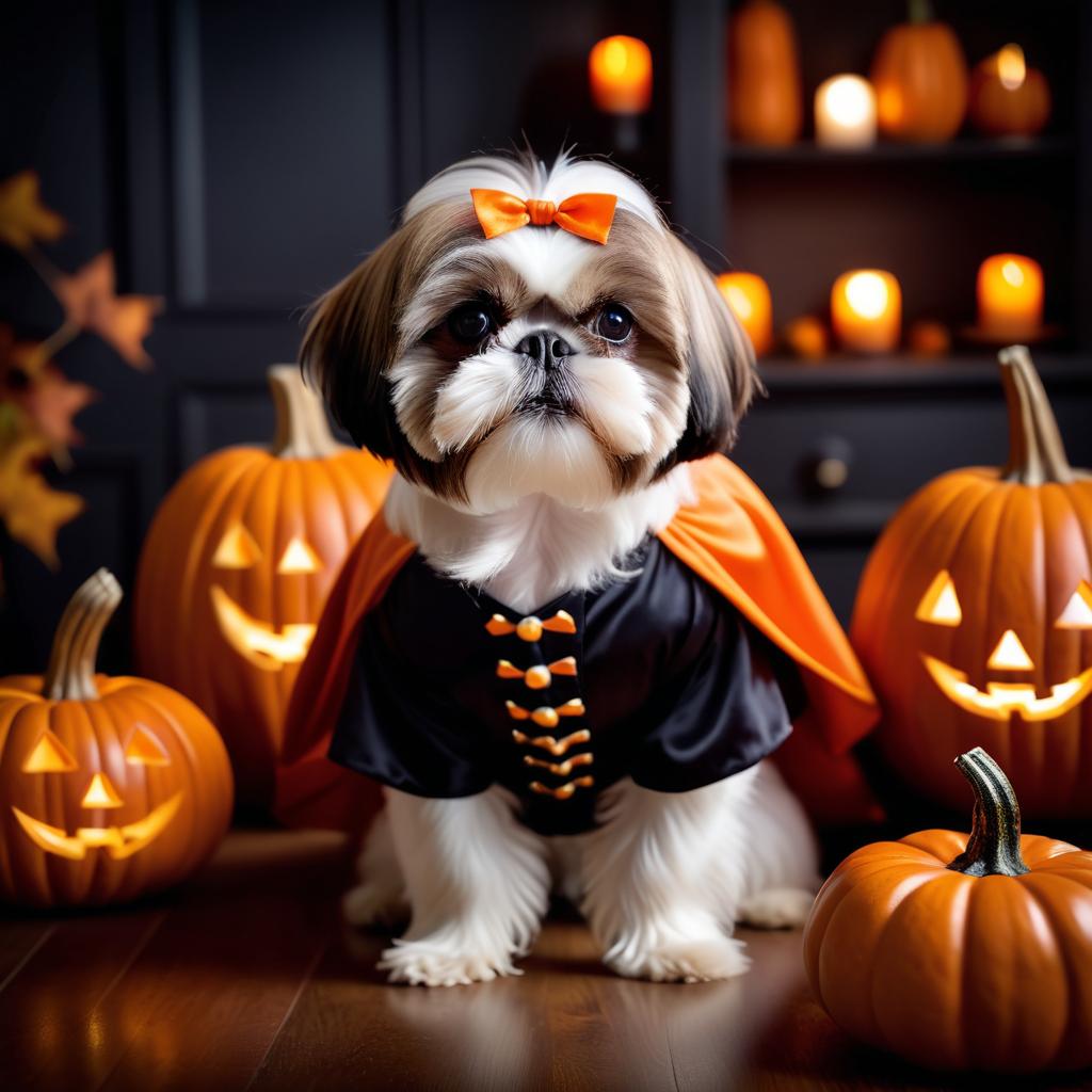 shih tzu in a halloween costume with pumpkins and eerie decorations, highlighting their festive spirit.