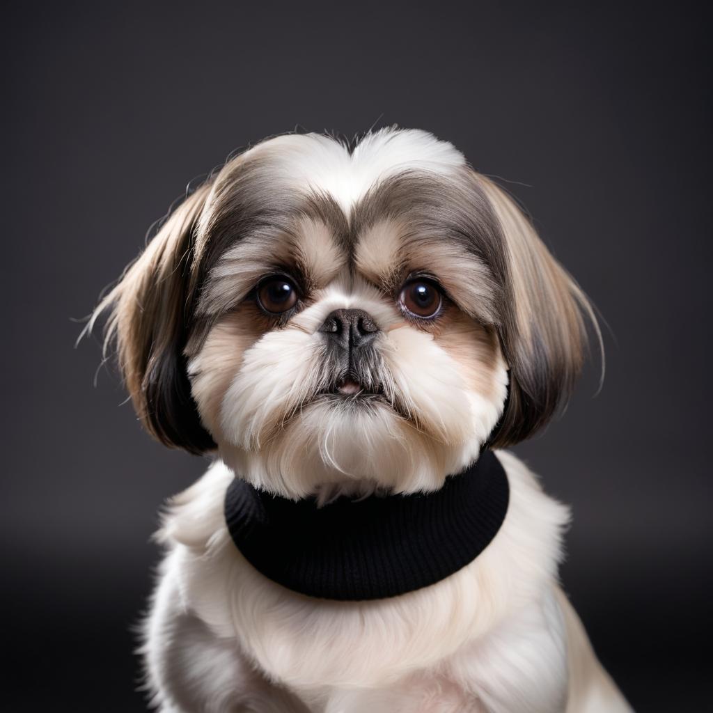 professional headshot of shih tzu wearing a black turtleneck for a cv or linkedin, studio photo.