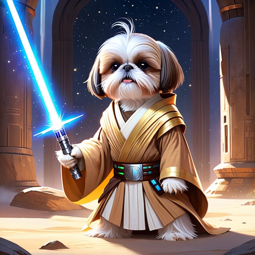 shih tzu as a jedi knight, with a lightsaber and star wars backdrop in a celestial, painterly style.