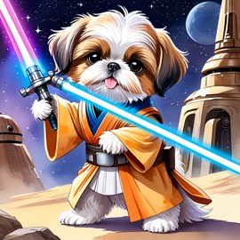 watercolor painting of shih tzu as a jedi knight, holding a lightsaber with a star wars backdrop in a vibrant, detailed style.