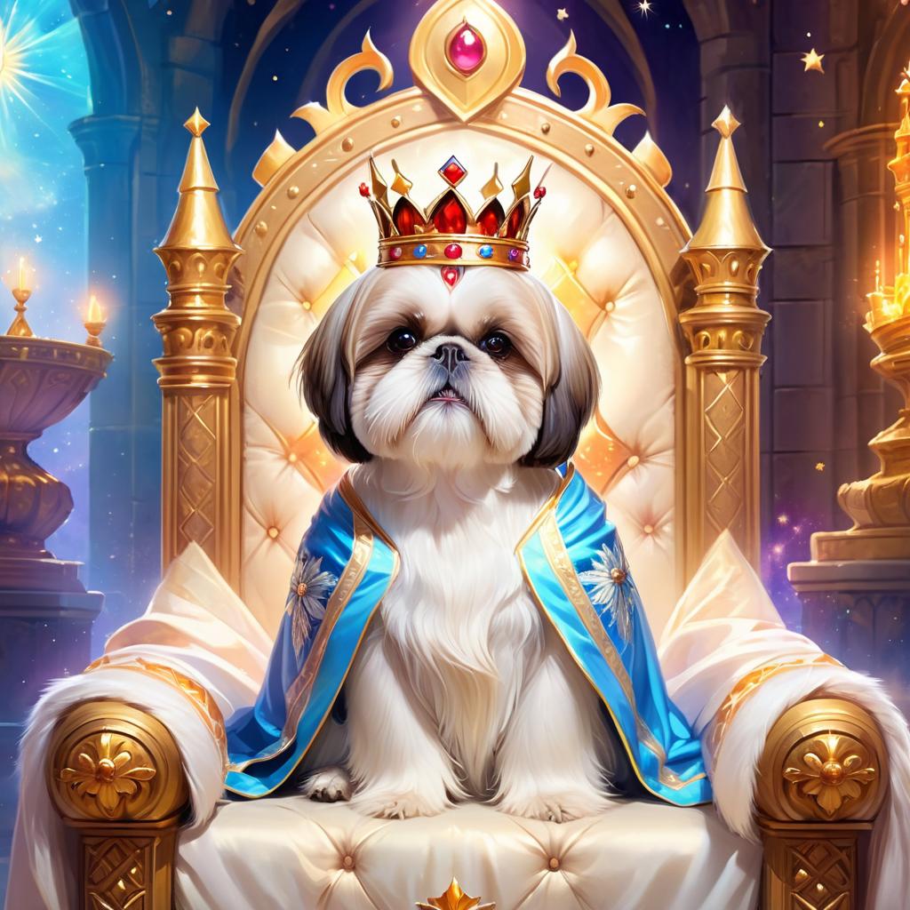 ethereal fantasy art of shih tzu as a king in a magical castle, wearing a crown and robe with a majestic, painterly style.