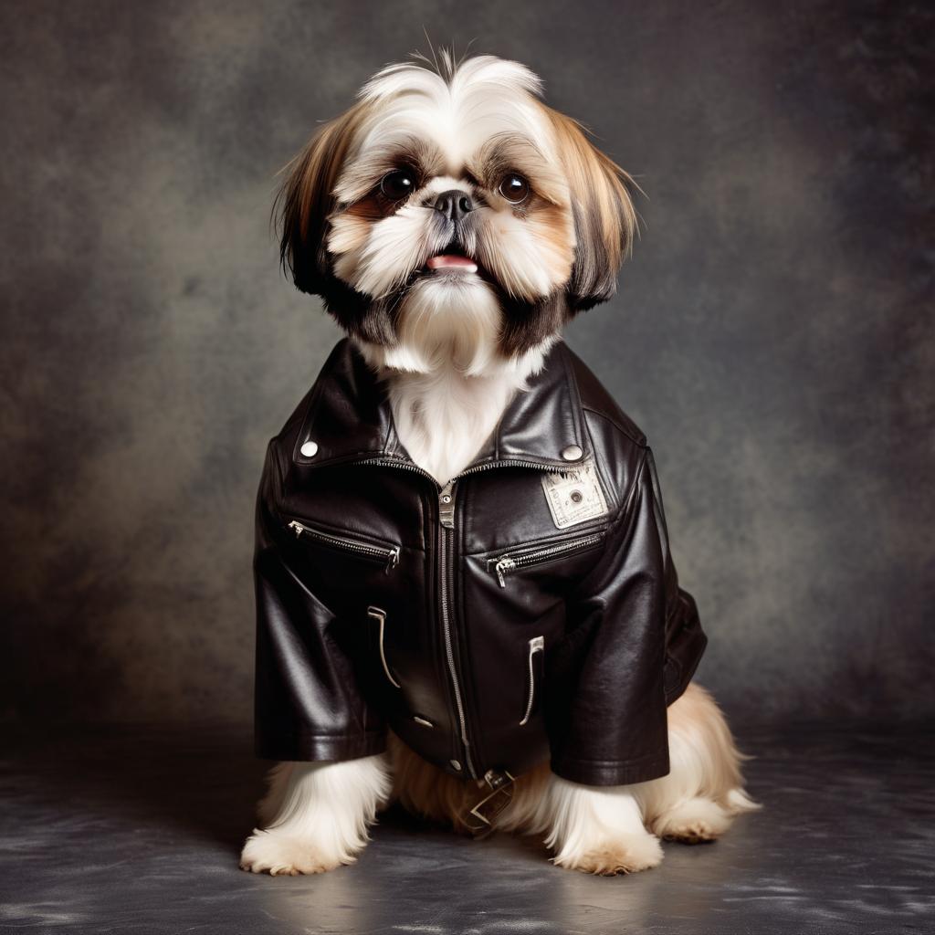 90s yearbook photo of shih tzu in a leather jacket, full body, vintage background.