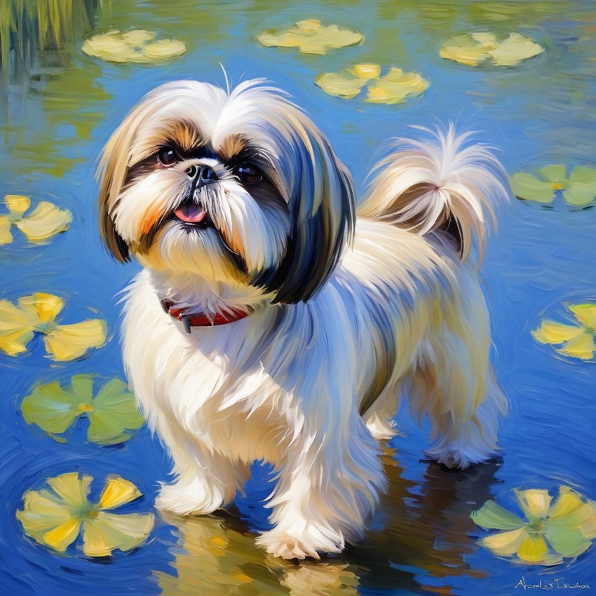 shih tzu in the style of monet, featuring delicate brush strokes and a classic, artistic appearance.