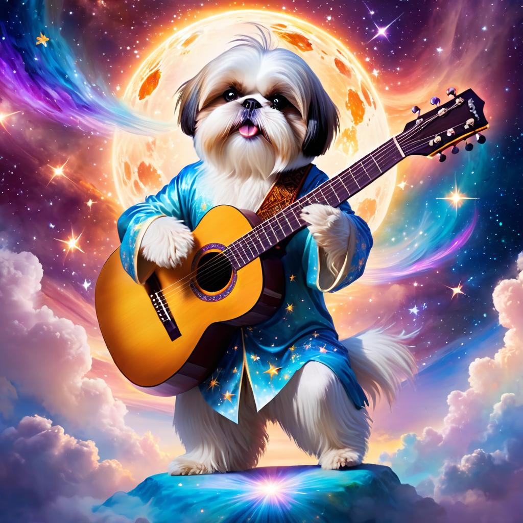 shih tzu as a musician in an ethereal fantasy setting, playing guitar with a majestic and magical touch.