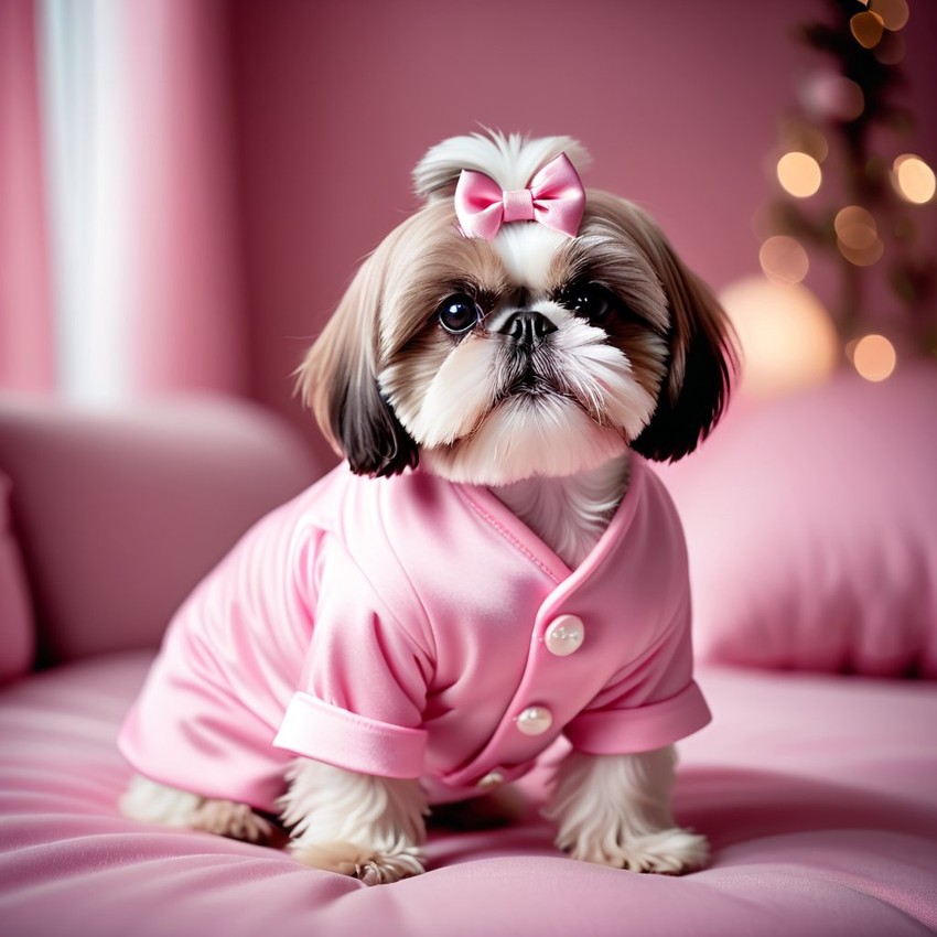 shih tzu dressed in pink clothing, in a beautiful pink scene, radiating joy and cuteness.