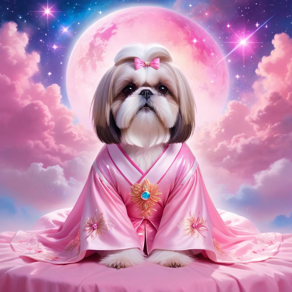 shih tzu in pink clothing, set in a beautiful pink scene with a dreamy, magical vibe.