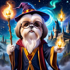 shih tzu as harry potter, with glasses and a magical hogwarts setting, evoking a celestial and epic feel.