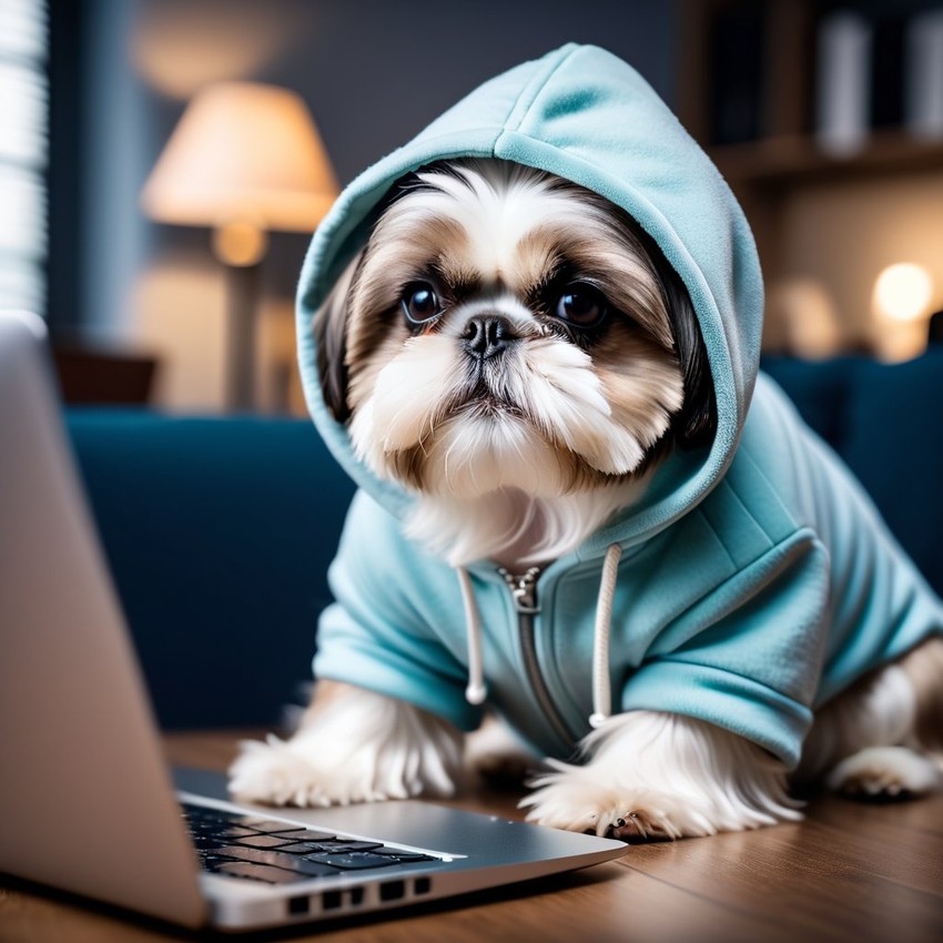 shih tzu as a programmer, working on a laptop in a hoodie, capturing a cute and happy moment.