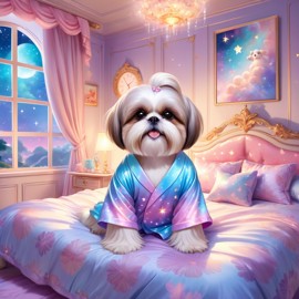 shih tzu in cute pyjamas, relaxing in a posh bedroom, capturing an ethereal and happy moment.