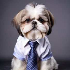 shih tzu in a stylish shirt and tie, with a diffused background, capturing their cute and professional side.