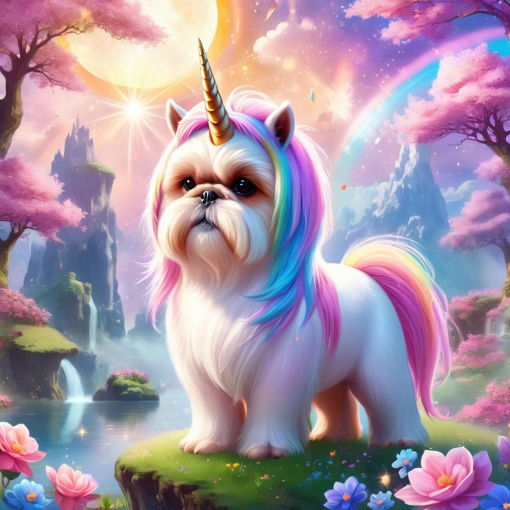 shih tzu as a unicorn in a magical fairytale environment, capturing an ethereal and majestic scene.