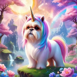 shih tzu as a unicorn in a magical fairytale environment, capturing an ethereal and majestic scene.