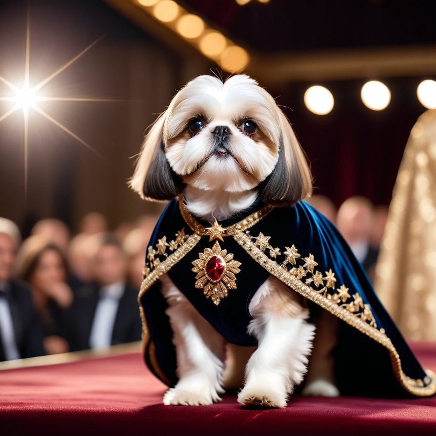 shih tzu strutting down the fashion show catwalk stage in a luxurious velvet cape with gold embroidery, high energy and majestic.