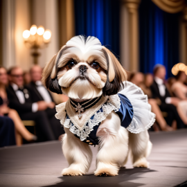 shih tzu strutting down the fashion show catwalk stage in a vintage victorian outfit with lace and ruffles, high energy and majestic.